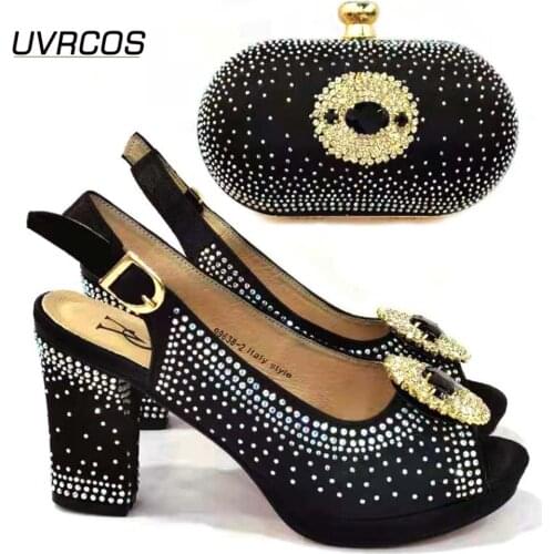 2021 New Arrival Italian Design High Heel Fashion Style Hot Selling Ladies Shoes and Bag Set in Black Color for Party Wedding