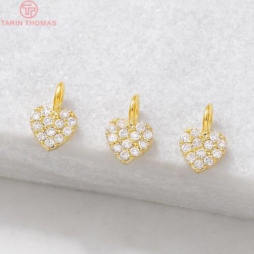 4PCS 5x7MM Hole 2MM 24K Gold Color Plated Brass with Zircon Heart Charms Pendants High Quality Diy Jewelry Accessories