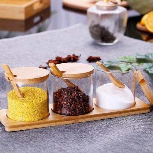 Condiment Jars with Lids and Spoons Set of 3 Spice Jars Kitchen Transparent Condiment Salt Pepper Storage Containers