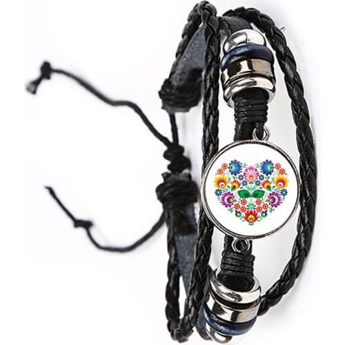 Ethnic Polish Folk Art Pattern 20mm Glass Cabochon Adjustable Bracelet Bohemia Flower Print Bangle Jewelry For Women Men Gift