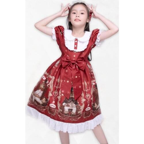 Childrens Summer And Autumn Lolita Princess Dress Contains Headdress Poker Bear Pattern Halloween Christmas Show Costume Set