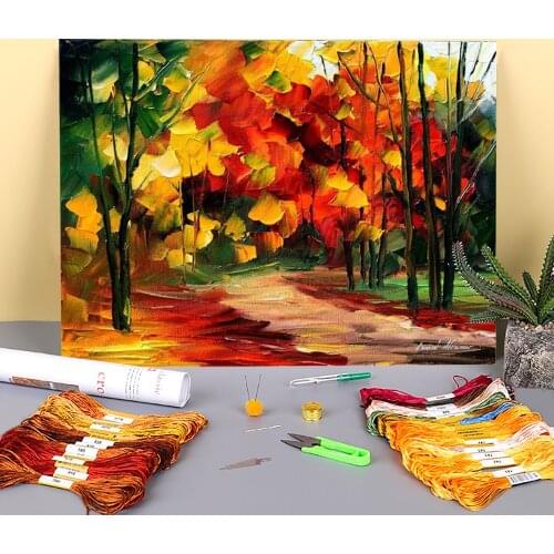 Golden Forest Printed Canvas 11CT Cross Stitch Complete Kit Embroidery DMC Threads Knitting Hobby Needlework Painting Mulina