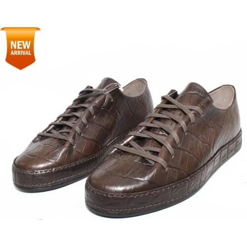 Handmade Modern Croco Sneakers with Wholecut Brown Crocodile Patterned Calf Leather, Leather Sewn Soles, Sport Fashion Shoes