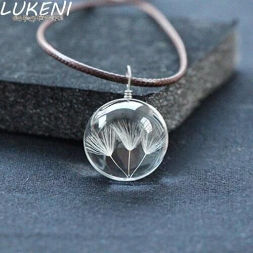 LUKENI Real Dandelion Jewelry Crystal Glass Ball Dandelion Necklace Long Strip Leather Chain Pendant Necklaces For Women XL154
