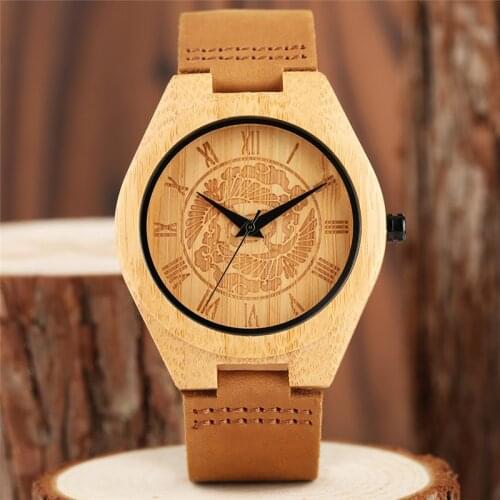 Mens Watch Handmade Bamboo Wood Engraving Pine Tree Pattern Clock Male Sports Genuine Leather Roman Number Reloj de madera Gift