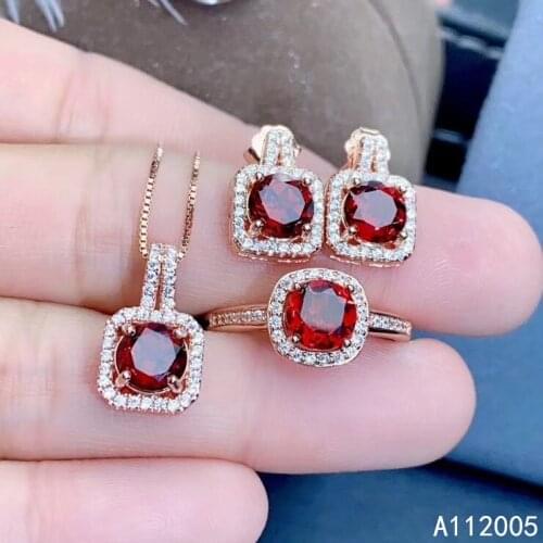 KJJEAXCMY Fine Jewelry 925 sterling silver inlaid natural gemstone garnet female ring pendant earring set fashion supports test