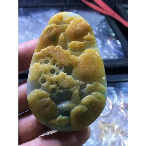 Natural Myanmar jade A HandCarved landscape jadeite yellow violet jade pendant jade necklace pendants jewelry jade necklaces