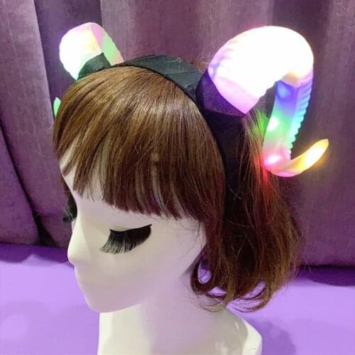 Gothic Womens Antelope Sheep Horn Headband LED Glowing Party Hair Hoop Light Up Flashing Cosplay Halloween Devil Costume Props