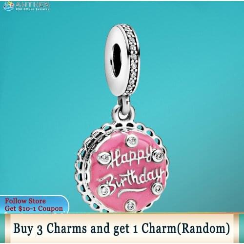 Ahthen 925 Sterling Silver Beads Pink Birthday Cake Dangle Charms fit Original Pandora Bracelets for Women Jewelry Making Gift