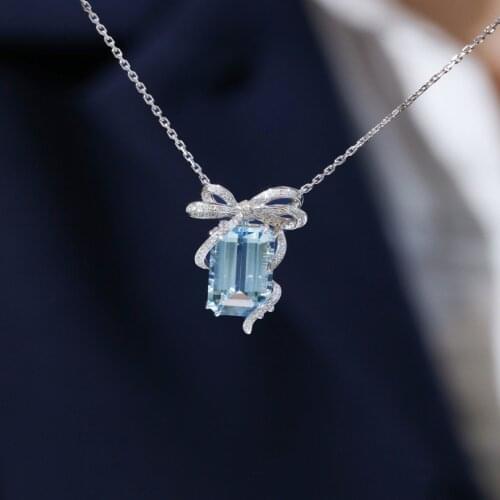 CIZEVA Silver Necklace for Women Shiny Sea Blue CZ Pendant Necklace Charm Chain Elegant Female Choker Necklaces Jewelry Gift