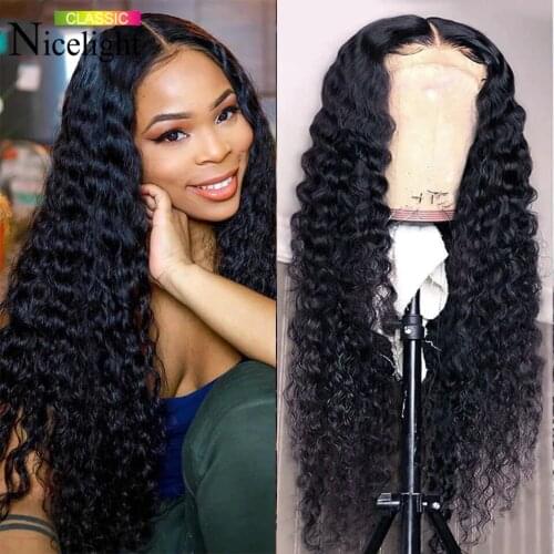 Nicelight Peruvian Deep Wave T Middle Part Lace Wig Side Part Lace Wig Pre-Plucked Hairline Black Curly Human Hair Wigs Natural