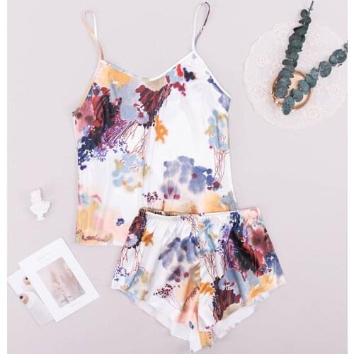 Womens Pajamas Summer Silk Sleepwear Watercolor Trouser Suits Shorts Female Suit Home Clothes Lively And Cute Underwear