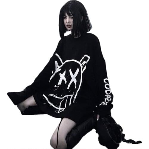 Hip Hop Street Graffiti Cartoon Printed Hoodies Spring And Autumn Lovers Medium Length Loose O-Neck Long Sleeve Pullover HD032