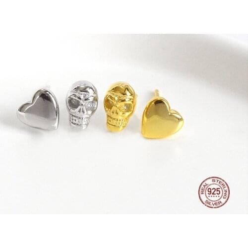 LKO S925 Sterling Silver Mini Exquisite Skull Bone Heart-Shaped Stud Earring Wild Personality Boy Girl Ear Jewely