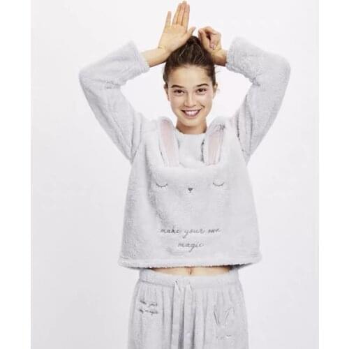 Light Gray Long-sleeved Three-dimensional Ear Rabbit Pajamas, Cartoon-shaped Soft Coral Velvet Home Service Womens Suit