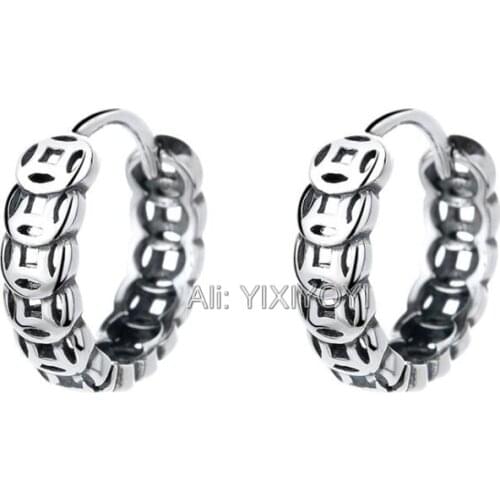 YIXIYOYI 925 Sterling Silver Retro Coin String Hoop Stud Ear Earring Vintage Thai Silver Earrings for Woman Charm Punk Jewelry