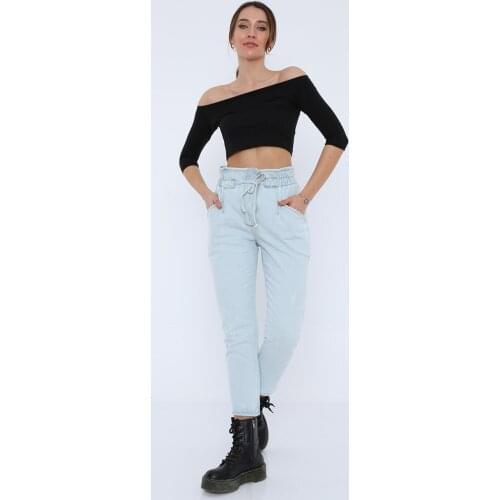 Women, Jeans, High Waist, Elastic Waist, Gathered, Comfortable, Light Blue, Full Length, Solid Color, Cotton Denim Trousers,2021