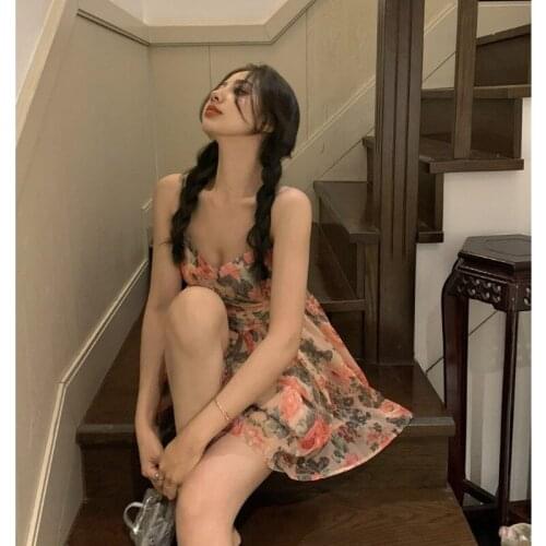 Woman Dress Temperament Floral Skirt Dress Female Summer Pure Desire Wind Waist Thin Suspender Skirt A-line Skirt Mini Dress