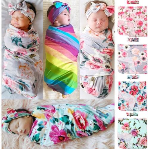PUDCOCO 2Pcs Newborn Baby Girl Floral Swaddle Wrap Blanket Swaddling Sleeping Bag+Headband Set 0-6M