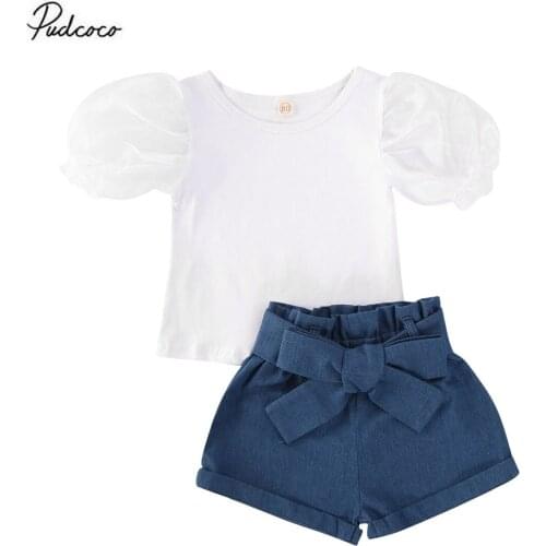 2020 0-5Y Fashion Lace Toddler Baby Girl Clothes Puff Short Sleeve White Blouse Tops+Bow Blue Denim Shorts Pants 2pcs Clothing