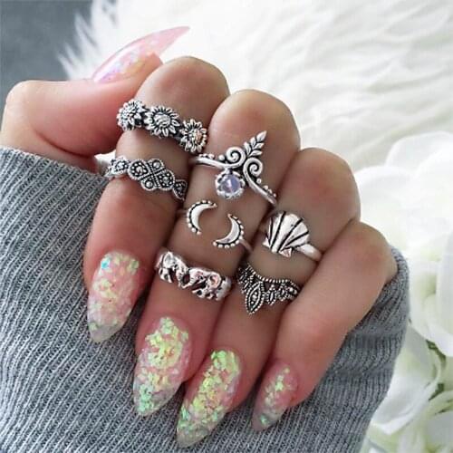 7pcs/Set Vintage Punk Antique Flower Elephant Moon Carved Midi Finger Rings For Women Bohemian Knuckle Ring Set Jewelry Anillos