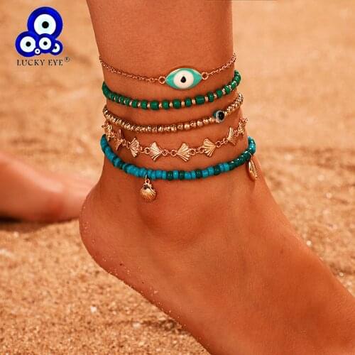 Lucky Eye Shell Turkish Evil Eye Anklet Set Alloy Foot Chain Ankle Bracelet Adjustable for Women Girls Fashion Jewelry LE508