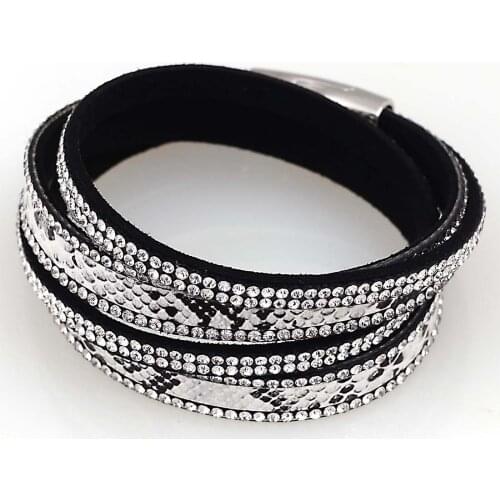 Miasol Crystal Bracelets Snake Skin PU Leather Double Rows Wrap Magnetic Women Girls Bracelets