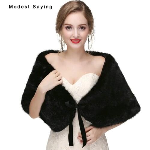 Black Faux Fur Wedding Boleros 2017 New Shrug Bow Formal Bridal ShawlsWomen Fur Stoles Warm Wraps Outerwear Wedding Accessories