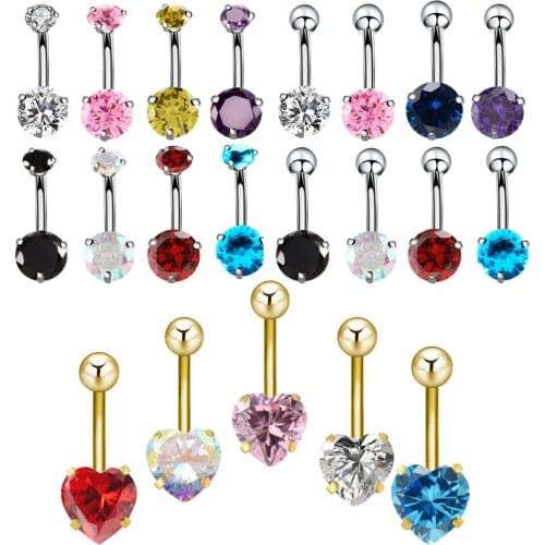 1PC Luxury Clear Heart Belly Button Rings Stainless Steel CZ Zircon Belly Rings Gold 14G Body Piercing Jewelry for Women