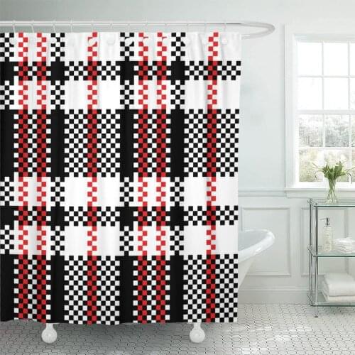 Red Chinese Plastic Plaid Checker in Black and White Shower Curtain Waterproof Fabric 72 x 72 Inches Set with Hooks