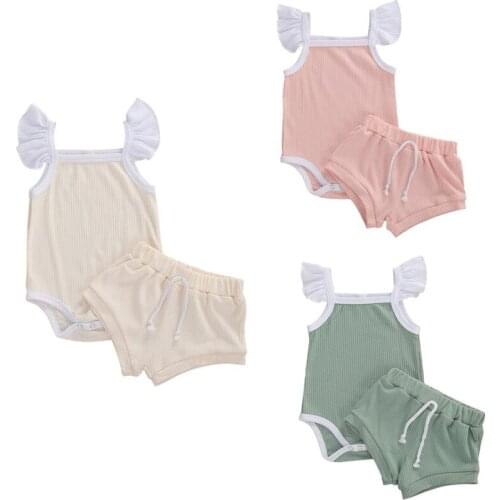 3-18M Summer Baby Girls Clothing Solid Color Outfit Fly Sleeve Square Collar Snap Ribbed Romper and Drawstring Shorts 2PCS Set