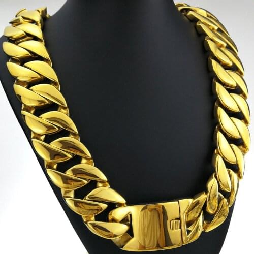 Stainless Steel Golden 32MM Super Heavy T Show Jewelry Men Flat Miami Curb Cuban Chain Necklaces Hip hop Exaggerated Necklace