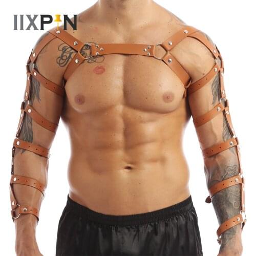 Mens Gothic Clubwear Faux Leather Body Chest Muscle Harness Sexy Man Body Cage Gay Erotic Tanks O Ring Shoulder Armors Arm Strap