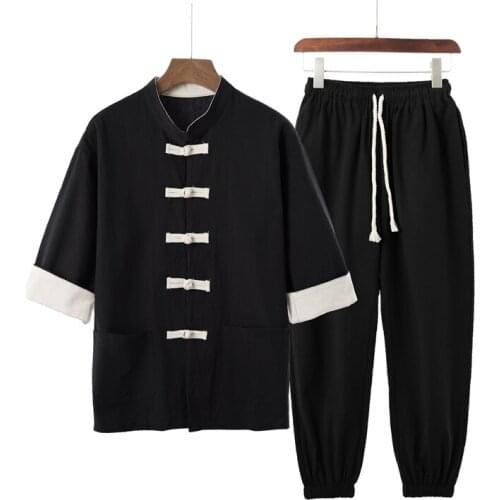 Summer New Style Chinese Style Linen Suit Mens Disc Button Retro Cotton and Linen Three-Quarter Sleeve Shirt Pants 2Pcs 2021