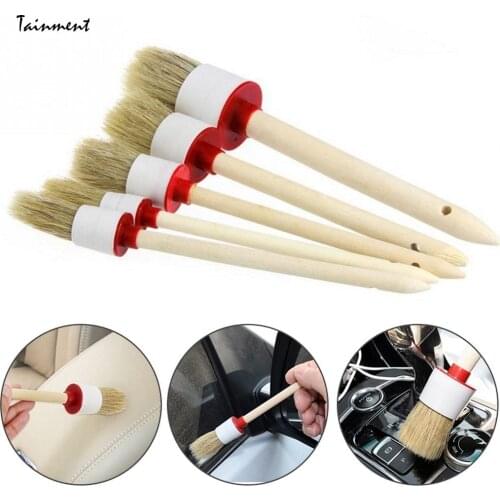 5Pcs/Pack Car Cleaning Paint Brush Set Pure Bristle Round Cleaning Brush for Car Bicycle Repair Paint Wax Dirt Dust Clean Brush