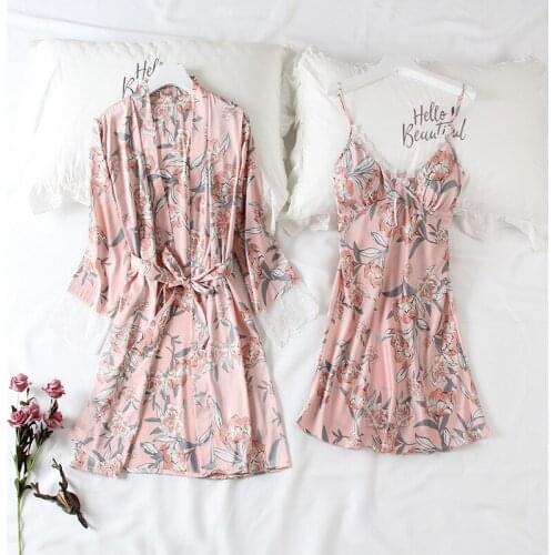 Sleepwear Womens Spring Summer 2PCS Robe Set Flower Print Pajamas Lace Trim Bath Gown Sexy V-Neck Nightgown Silk Satin Homewear