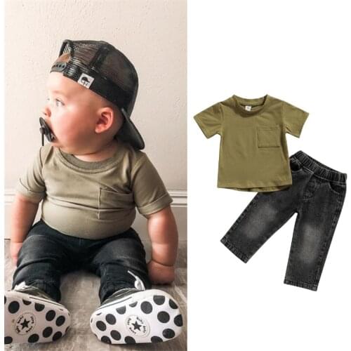 0-4Y Toddler Baby Kid Boys Clothes Set Solid Short Sleeve Pocket Top Denim Jeans Pants Outfits Children Costumes Summer