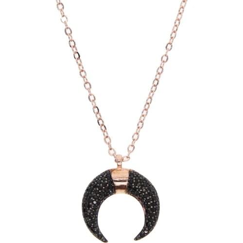 Black cubic zirconia Rose gold color Horn pendant necklace 2019 new fashion jewelry collar chains