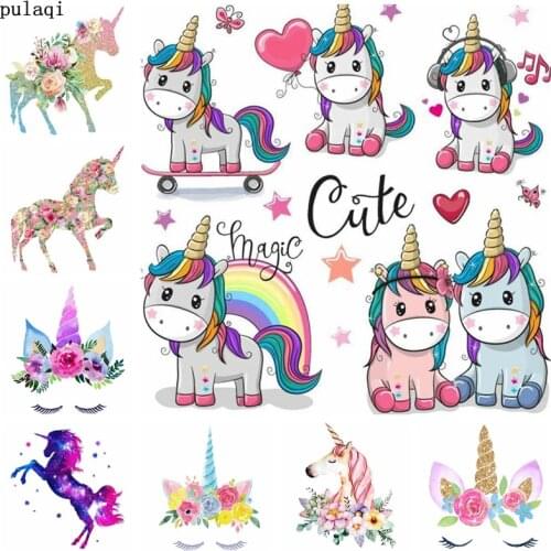 Pulaqi Flower Unicorn Patches Iron on Transfer for Clothes Stripes Patches Thermal Stickers on Clothes Heat Vinyl Transfer Badge
