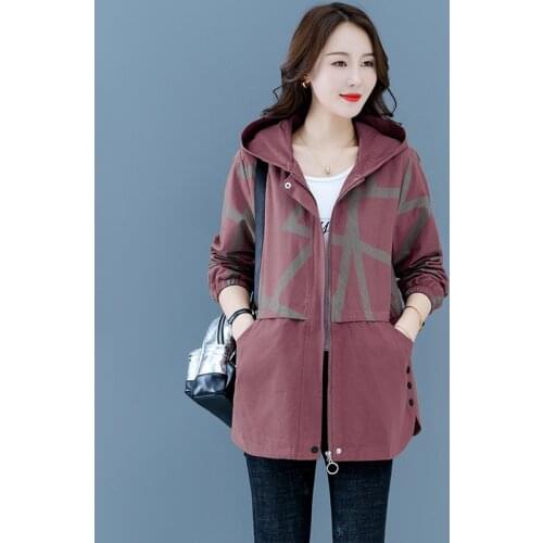Plus Size 5XL Women Trench Coat New Print Hooded Outerwear Loose Lined Middle-aged Female Windbreaker Basic Coat Casual Tops