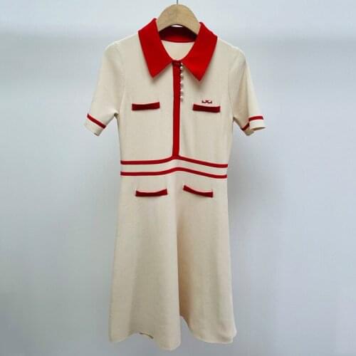 French s family 2021 spring and summer new womens clothing academy style color contrast polo collar pearl button knitted Short