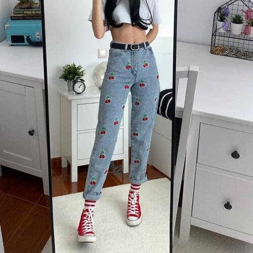 Cherry Embroidery Harem Pants For Womens Teen Girls 2020 Fashion Sweet High Waist Loose Denim Pant Trousers Jeans Streetwear