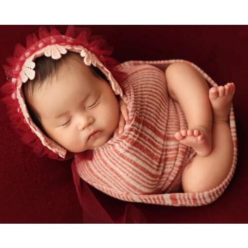 Vintage newborn Stripe Wrap Bonnet Set Knit Baby Girl Lace Hat Newborn Photography Wrap Posing Layer Baby Outfit shower Gift