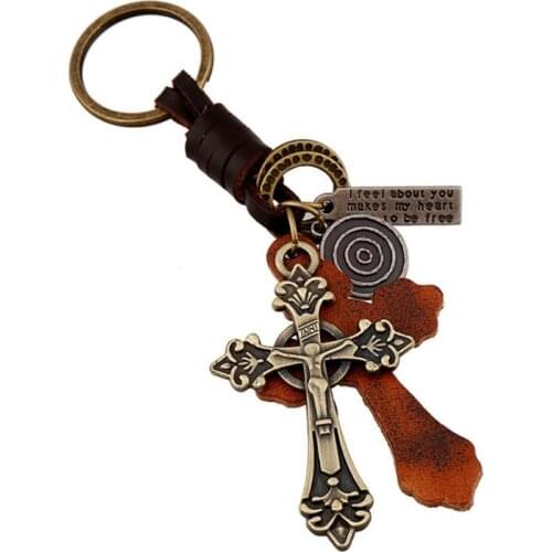 Vintage Retro Cross Jesus Alloy Keychains Handmade Genuine Leather Keyring Holder for Car Key Chains Fashion Unisex Jewelry Gift