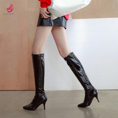 Original Intention Patent Leather Knee High Boots Woman Black Pointed Toe Sexy Thin Heels Winter Boots Shoes Woman Plus Size