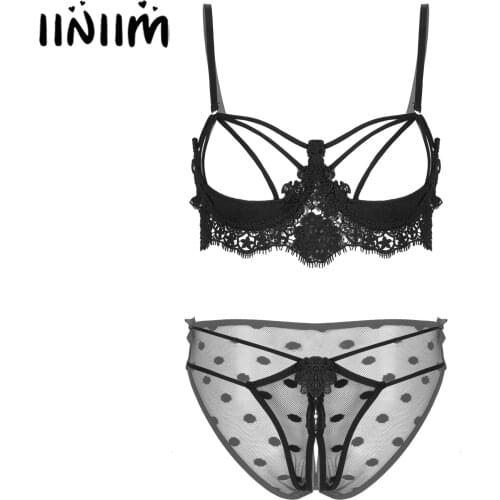 Womens Erotic Sexy Underwear Set Push Up Underwire Strappy Bra with Crotchless Briefs Lingerie Lace Embroidered Bra Panties Set