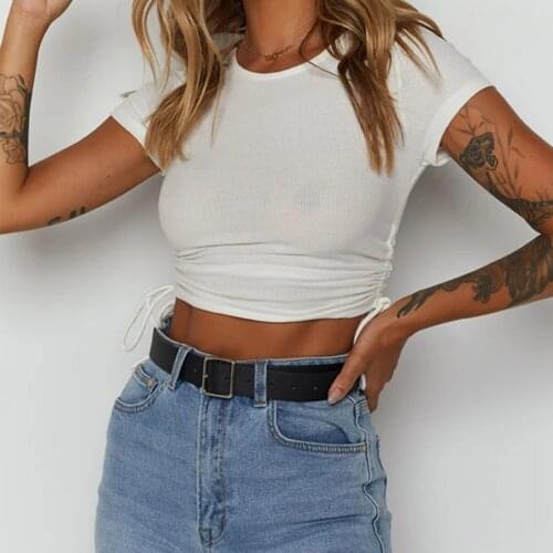 Tops Women Summer Slim Floral Printed Round Neck Short Sleeve Side Drawstring Design Stretchy Sport Crochet Crop Top T-Shirt Mew