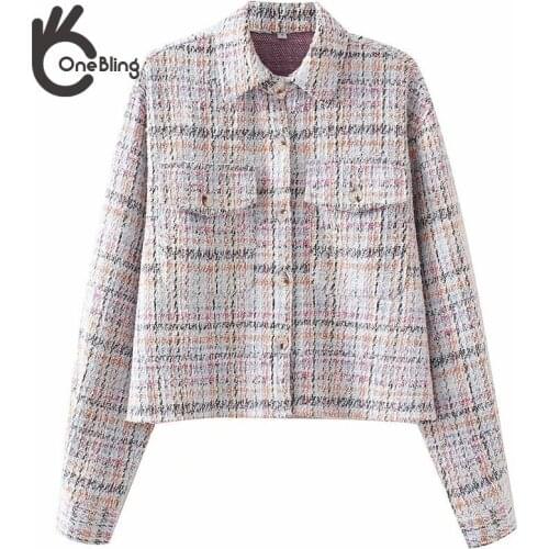 OneBling 2021 Summer Autumn Traf Woolen Women Casual Crop Tops Shirts Single Breasted Drop Shoulder Loose Blouses Female Jacket