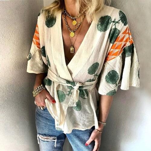 2021 Spring New Ladies V-neck Loose Short Sleeves Chiffon Thin Robe Comfort Fresh Style Printed Sleepwear Sexy Femme Homewear