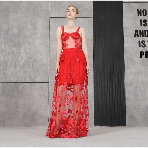 2021 Summer New Bandage Dress Women Party Club Sleeveless Lace Long Dresses Red Elegant Spaghetti Strap Maxi Dress